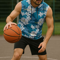 Blue Hawaiian Hibiscus Monstera Sleeveless Hoodie Grunge Stylized
