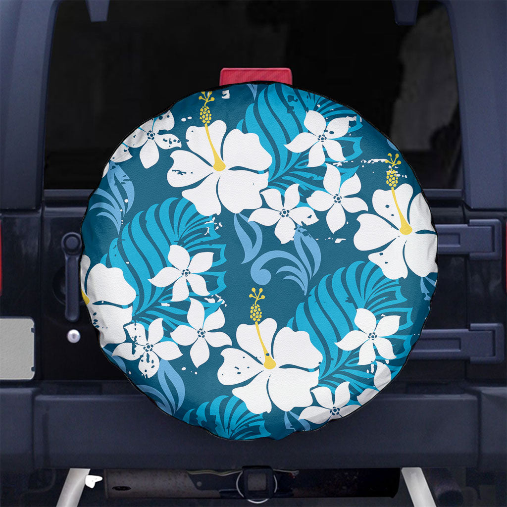 Blue Hawaiian Hibiscus Monstera Spare Tire Cover Grunge Stylized