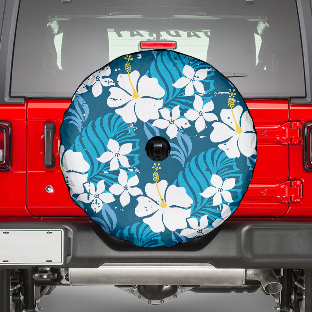 Blue Hawaiian Hibiscus Monstera Spare Tire Cover Grunge Stylized