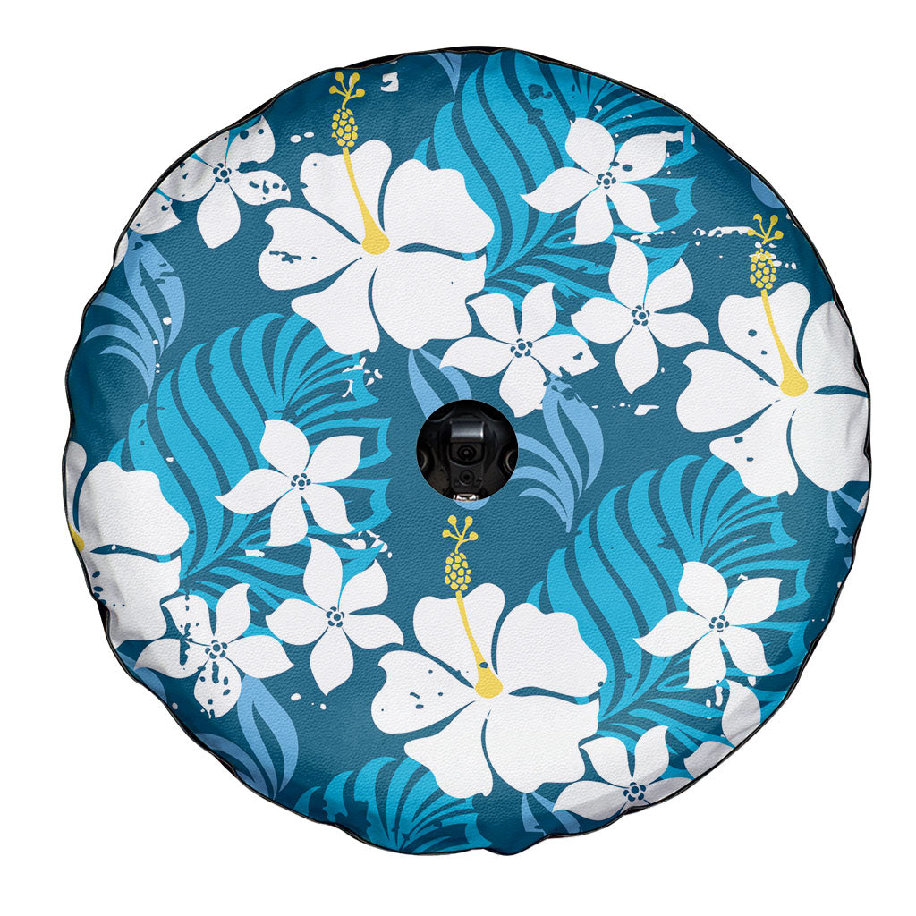 Blue Hawaiian Hibiscus Monstera Spare Tire Cover Grunge Stylized
