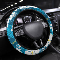 Blue Hawaiian Hibiscus Monstera Steering Wheel Cover Grunge Stylized