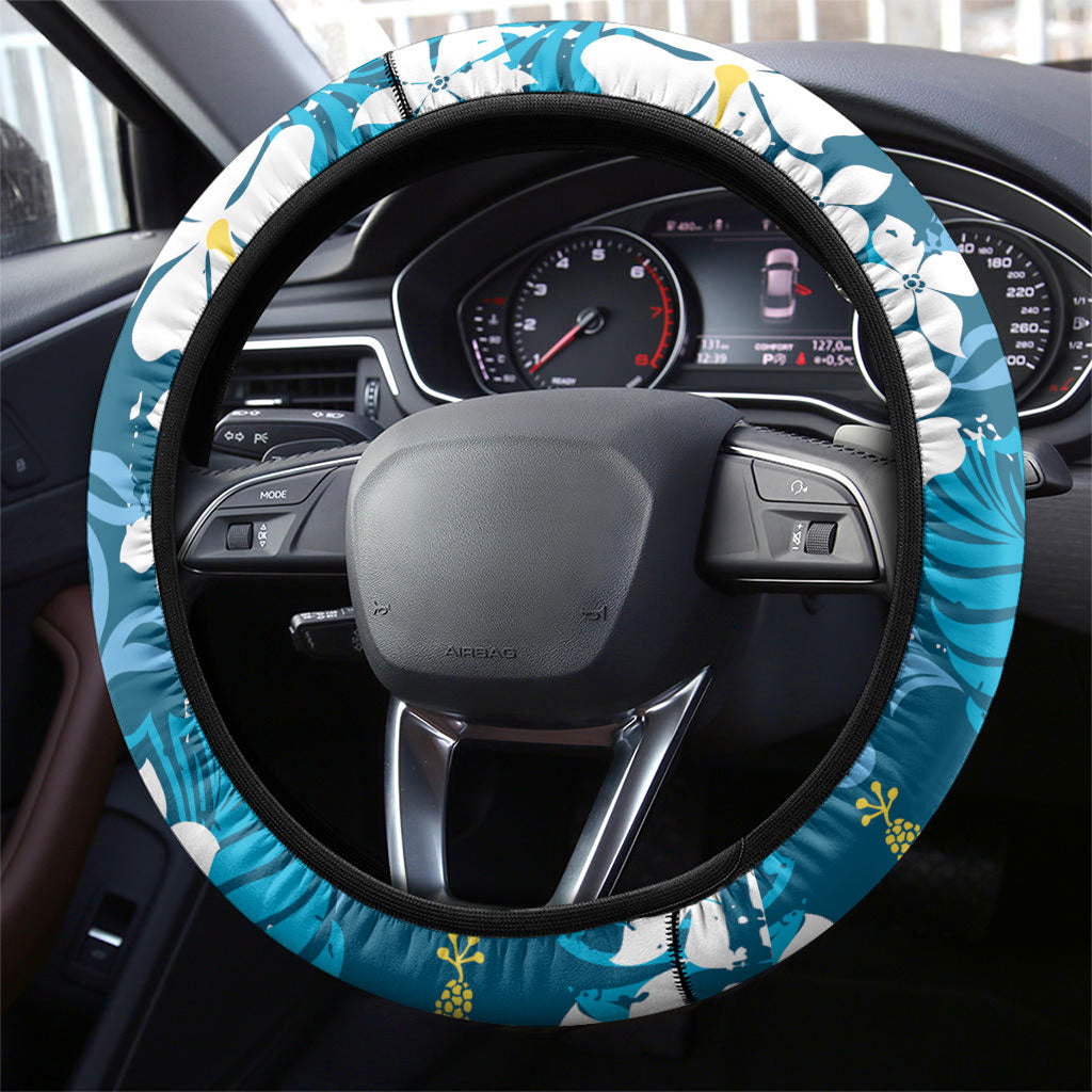 Blue Hawaiian Hibiscus Monstera Steering Wheel Cover Grunge Stylized