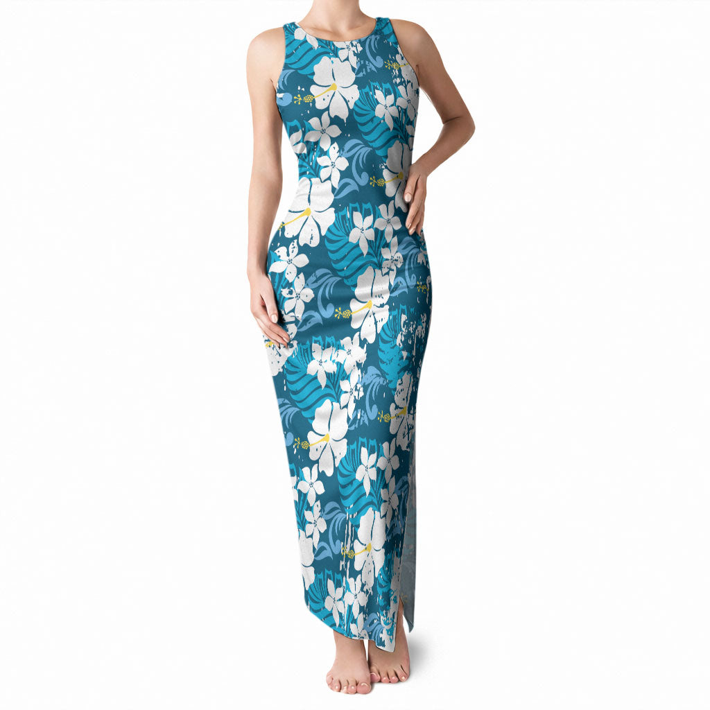 Blue Hawaiian Hibiscus Monstera Tank Maxi Dress Grunge Stylized