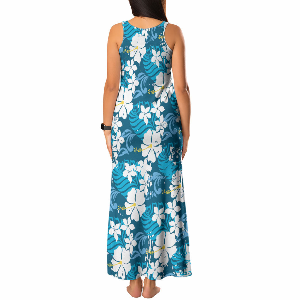 Blue Hawaiian Hibiscus Monstera Tank Maxi Dress Grunge Stylized