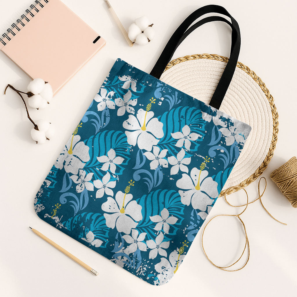 Blue Hawaiian Hibiscus Monstera Tote Bag Grunge Stylized