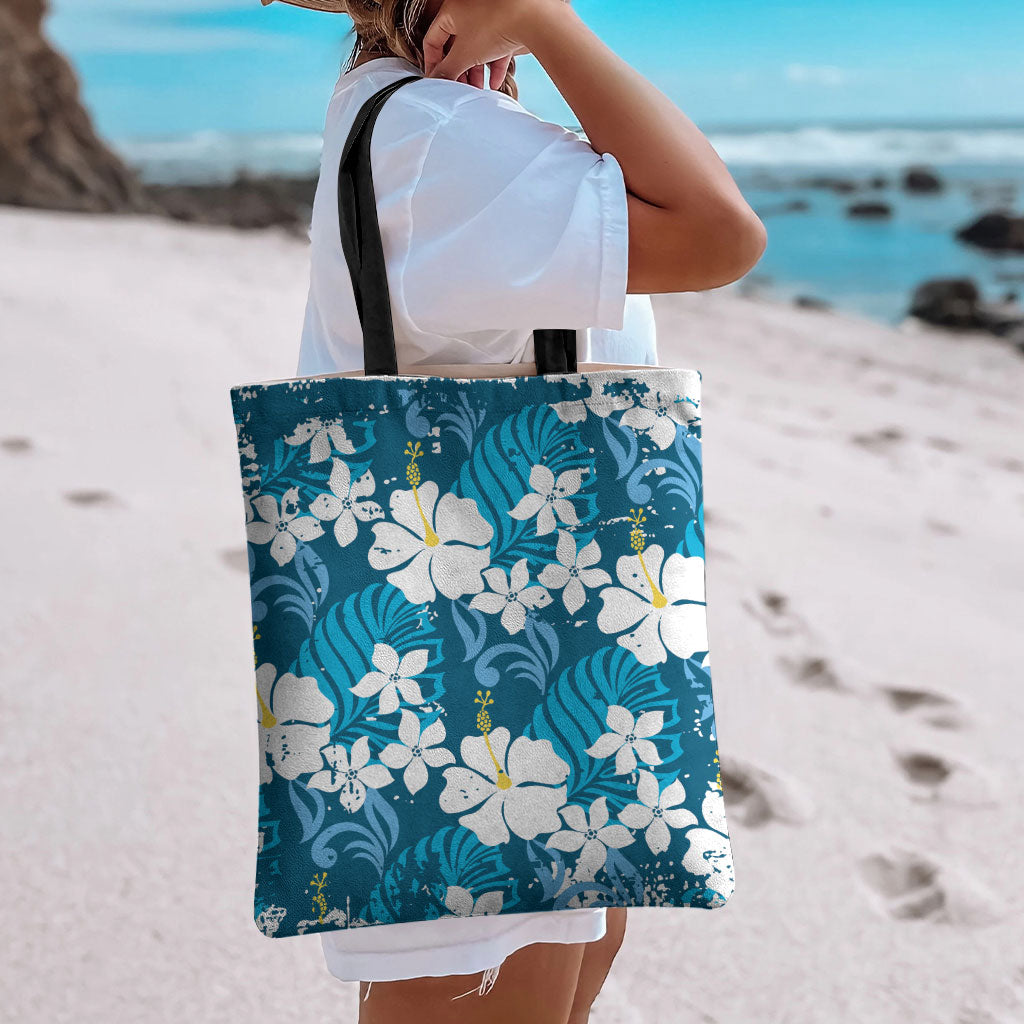 Blue Hawaiian Hibiscus Monstera Tote Bag Grunge Stylized