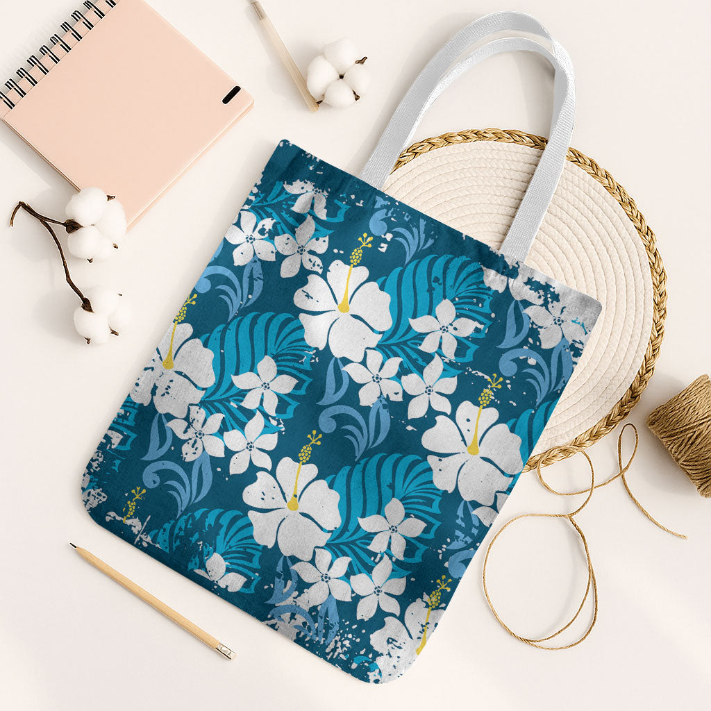 Blue Hawaiian Hibiscus Monstera Tote Bag Grunge Stylized