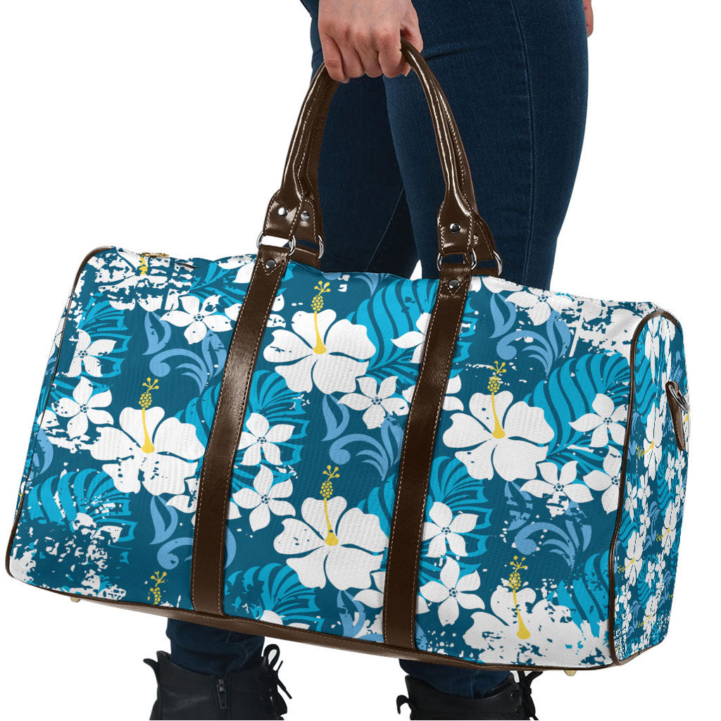 Blue Hawaiian Hibiscus Monstera Travel Bag Grunge Stylized