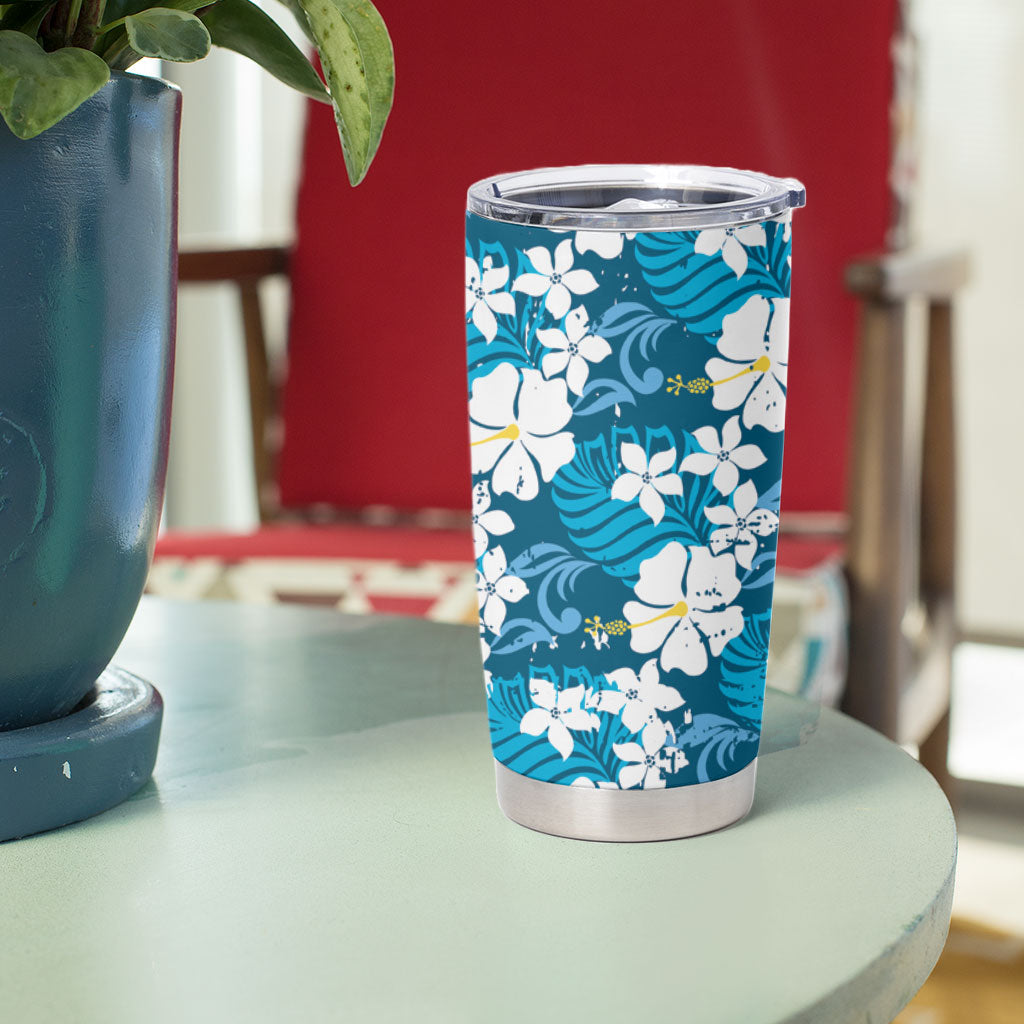 Blue Hawaiian Hibiscus Monstera Tumbler Cup Grunge Stylized