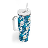 Blue Hawaiian Hibiscus Monstera Tumbler With Handle Grunge Stylized