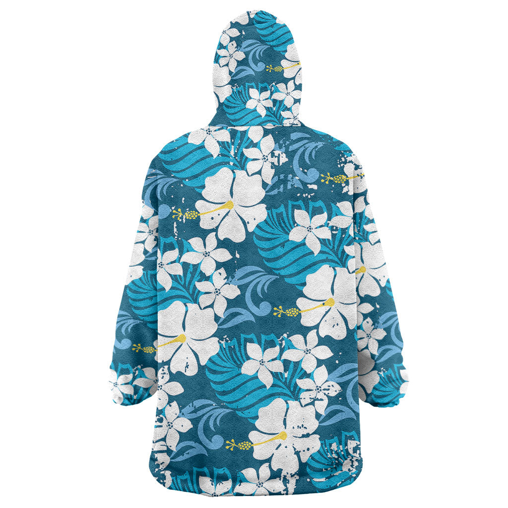 Blue Hawaiian Hibiscus Monstera Wearable Blanket Hoodie Grunge Stylized