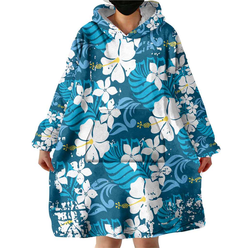 Blue Hawaiian Hibiscus Monstera Wearable Blanket Hoodie Grunge Stylized