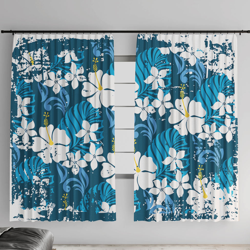 Blue Hawaiian Hibiscus Monstera Window Curtain Grunge Stylized
