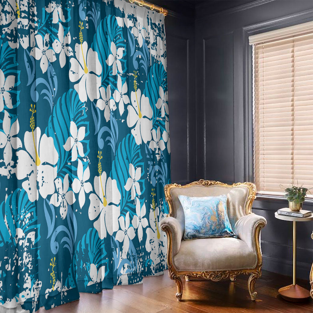 Blue Hawaiian Hibiscus Monstera Window Curtain Grunge Stylized