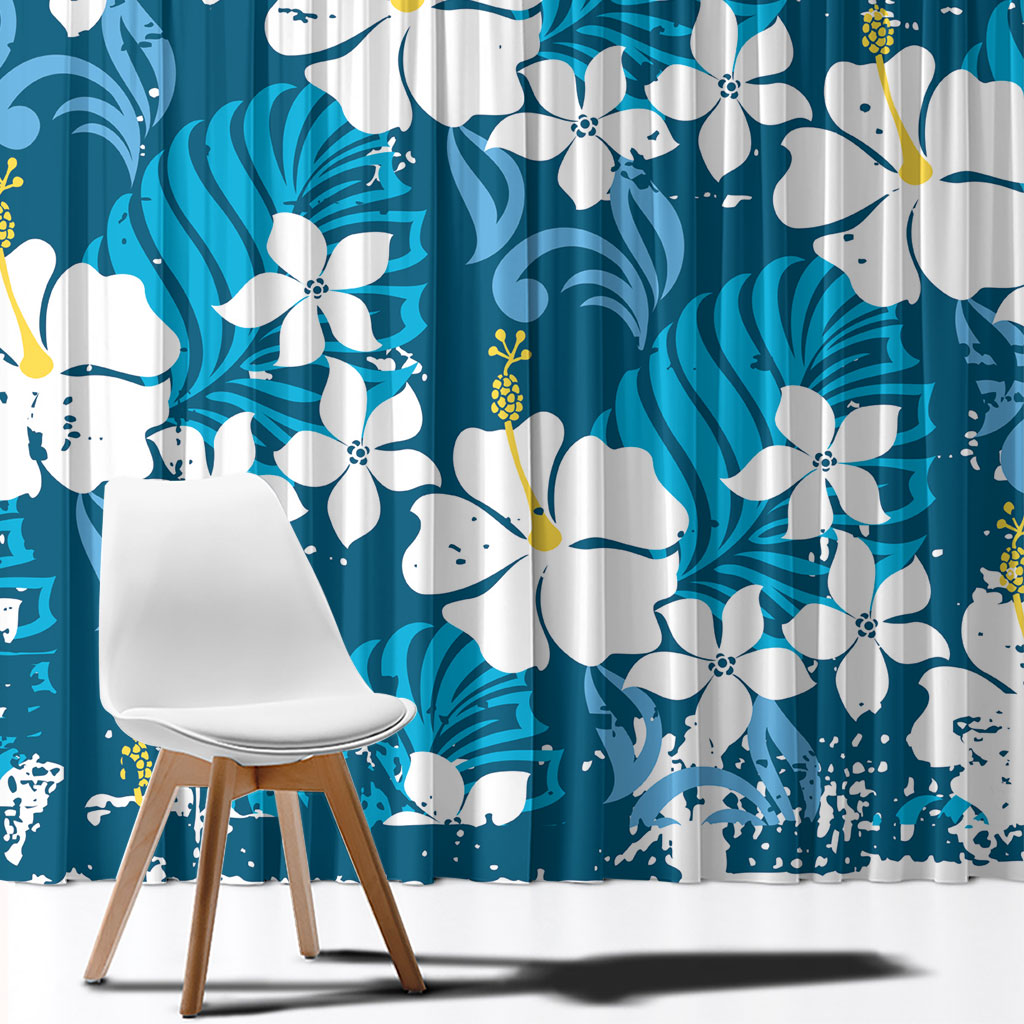 Blue Hawaiian Hibiscus Monstera Window Curtain Grunge Stylized