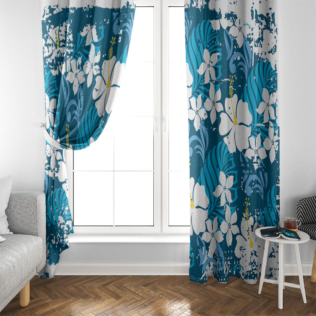 Blue Hawaiian Hibiscus Monstera Window Curtain Grunge Stylized