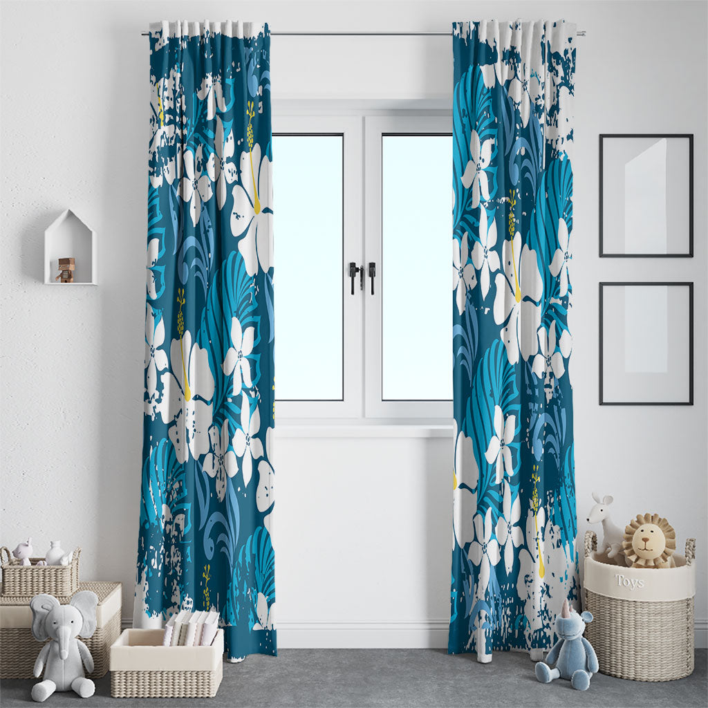 Blue Hawaiian Hibiscus Monstera Window Curtain Grunge Stylized