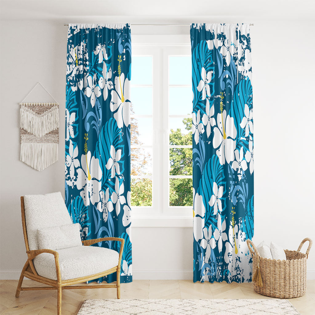 Blue Hawaiian Hibiscus Monstera Window Curtain Grunge Stylized