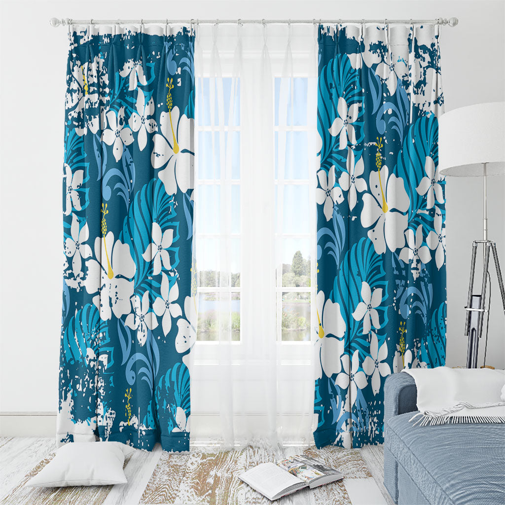 Blue Hawaiian Hibiscus Monstera Window Curtain Grunge Stylized