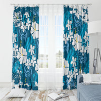 Blue Hawaiian Hibiscus Monstera Window Curtain Grunge Stylized