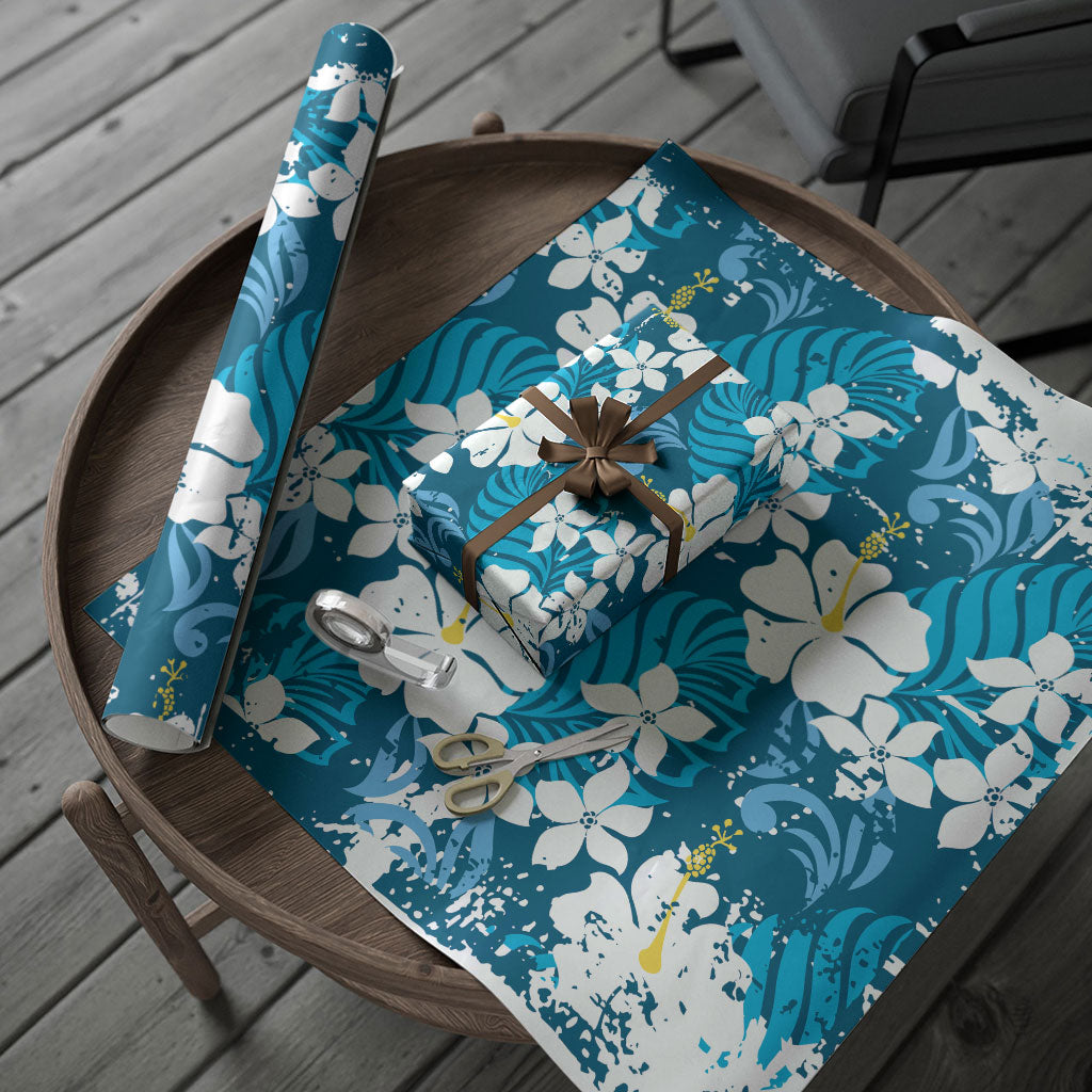 Blue Hawaiian Hibiscus Monstera Wrapping Paper Grunge Stylized LT01 - Polynesian Pride