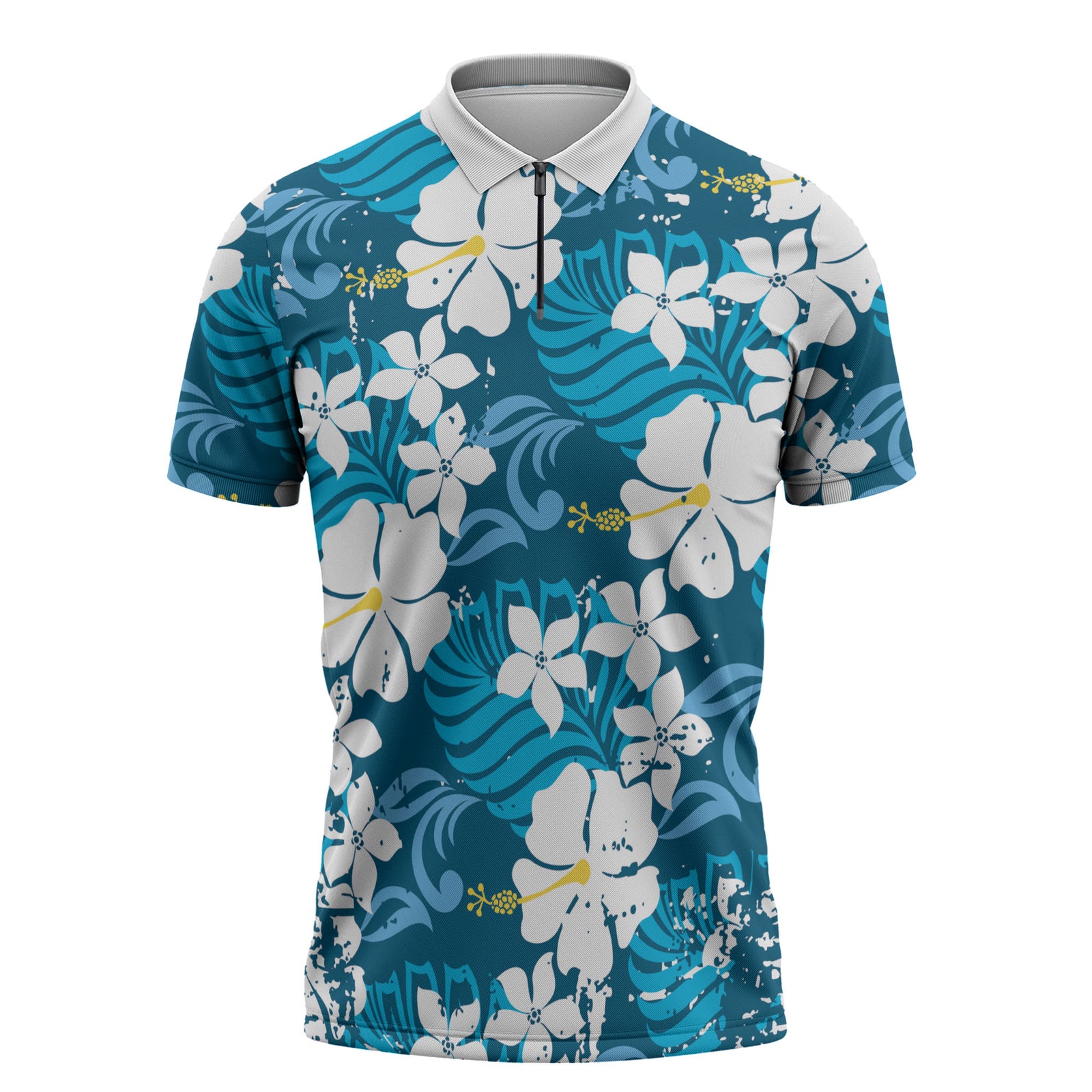 Blue Hawaiian Hibiscus Monstera Zipper Polo Shirt Grunge Stylized LT01 Blue - Polynesian Pride