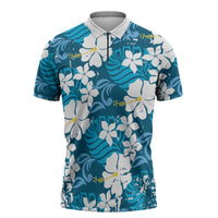Blue Hawaiian Hibiscus Monstera Zipper Polo Shirt Grunge Stylized