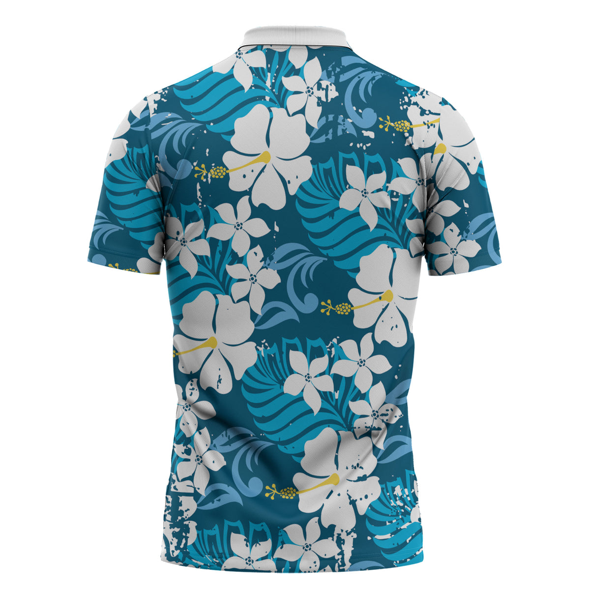 Blue Hawaiian Hibiscus Monstera Zipper Polo Shirt Grunge Stylized