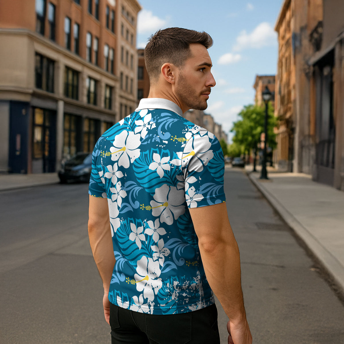 Blue Hawaiian Hibiscus Monstera Zipper Polo Shirt Grunge Stylized
