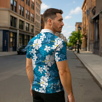Blue Hawaiian Hibiscus Monstera Zipper Polo Shirt Grunge Stylized