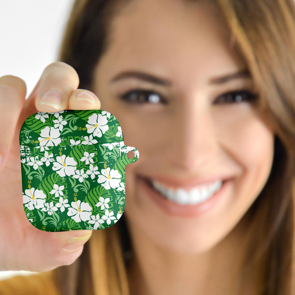 Green Hawaiian Hibiscus Monstera AirPods Case Grunge Stylized