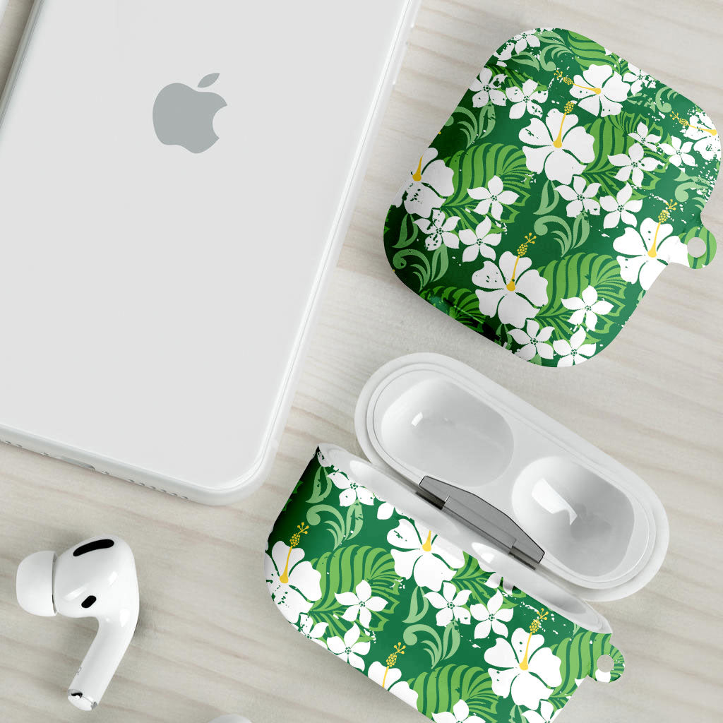 Green Hawaiian Hibiscus Monstera AirPods Case Grunge Stylized