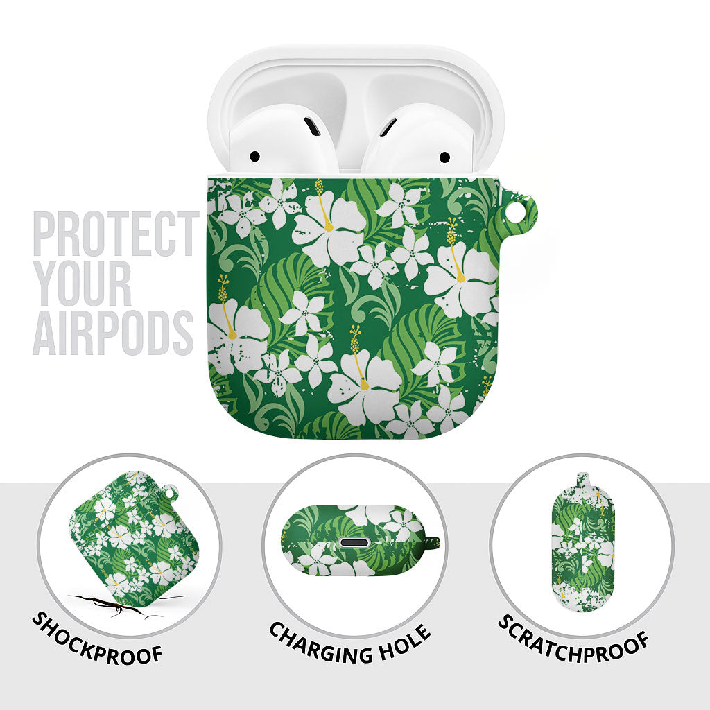 Green Hawaiian Hibiscus Monstera AirPods Case Grunge Stylized