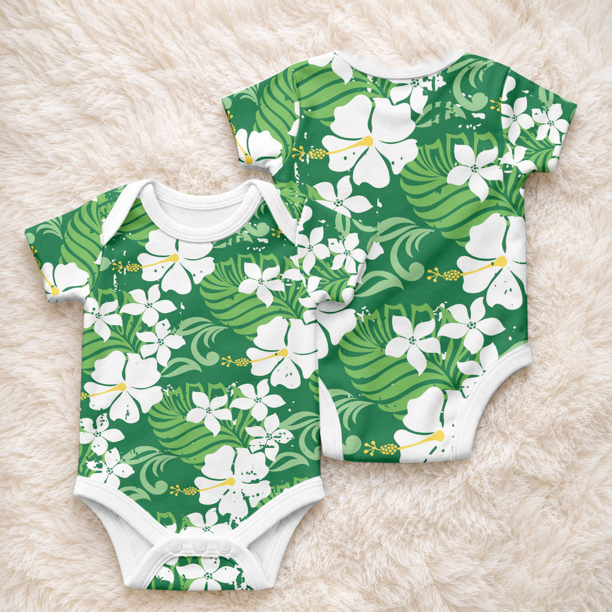 Green Hawaiian Hibiscus Monstera Baby Onesie Grunge Stylized