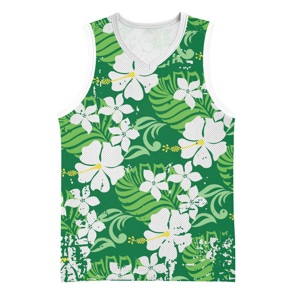 Green Hawaiian Hibiscus Monstera Basketball Jersey Grunge Stylized