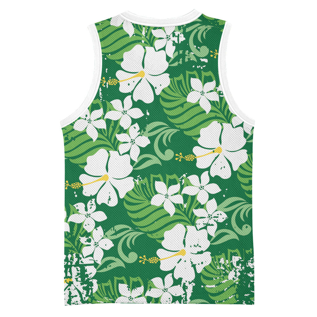 Green Hawaiian Hibiscus Monstera Basketball Jersey Grunge Stylized
