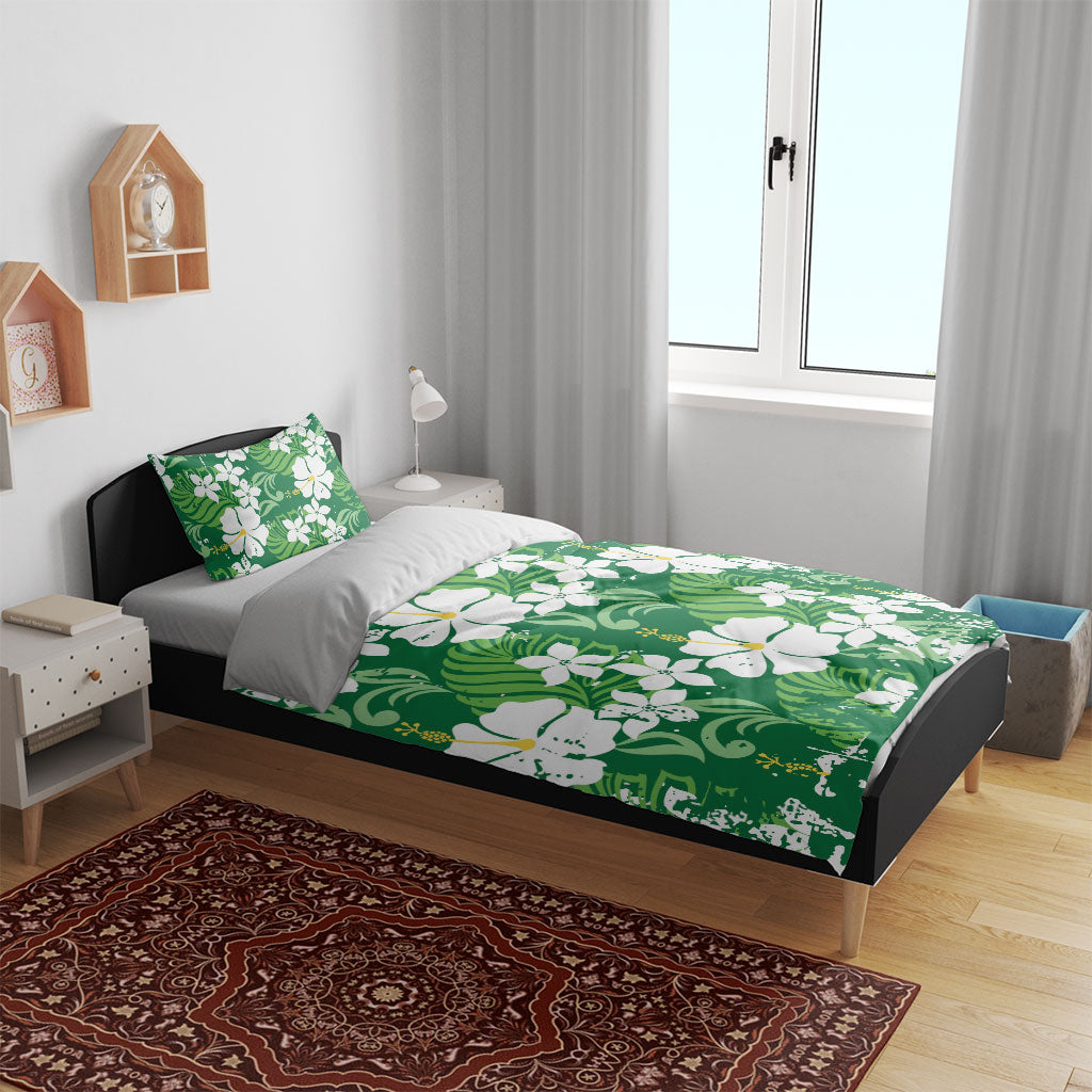 Green Hawaiian Hibiscus Monstera Bedding Set Grunge Stylized