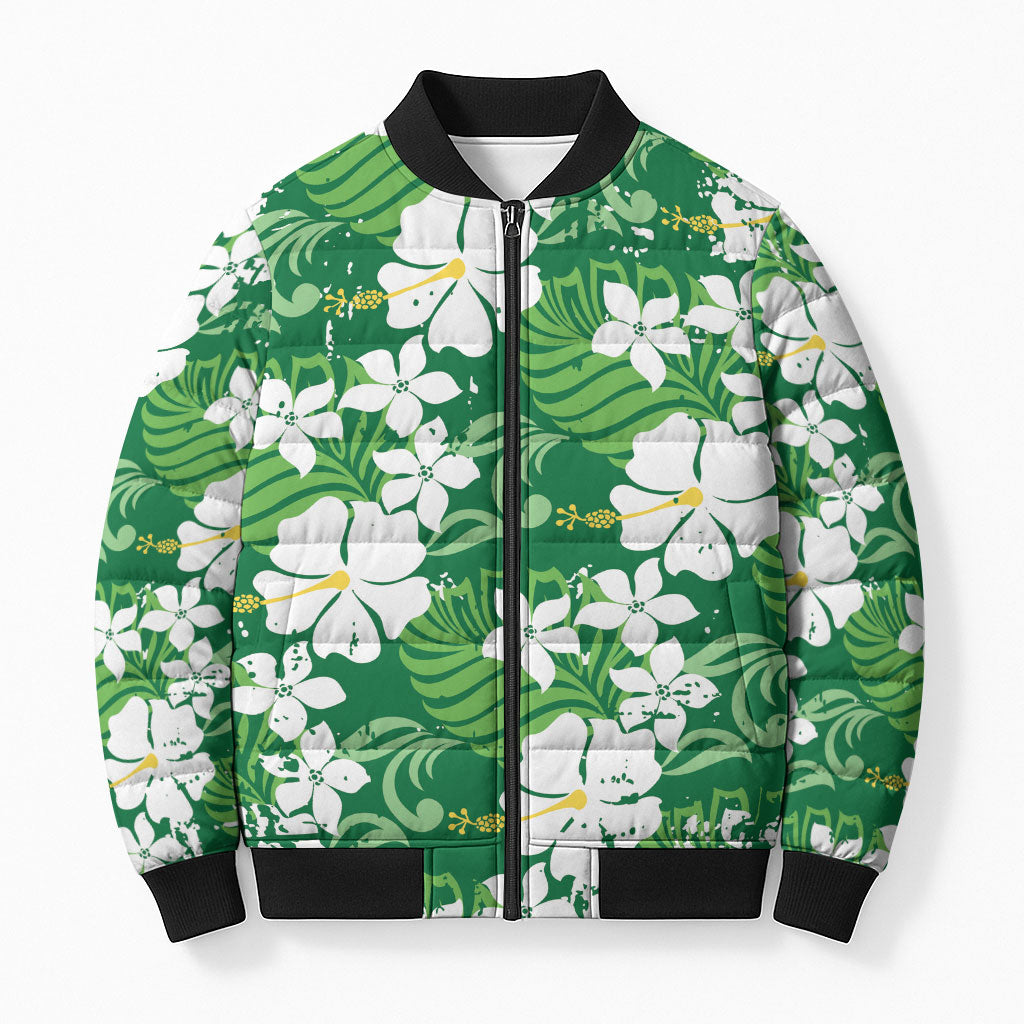Green Hawaiian Hibiscus Monstera Bomber Puffer Jacket Grunge Stylized