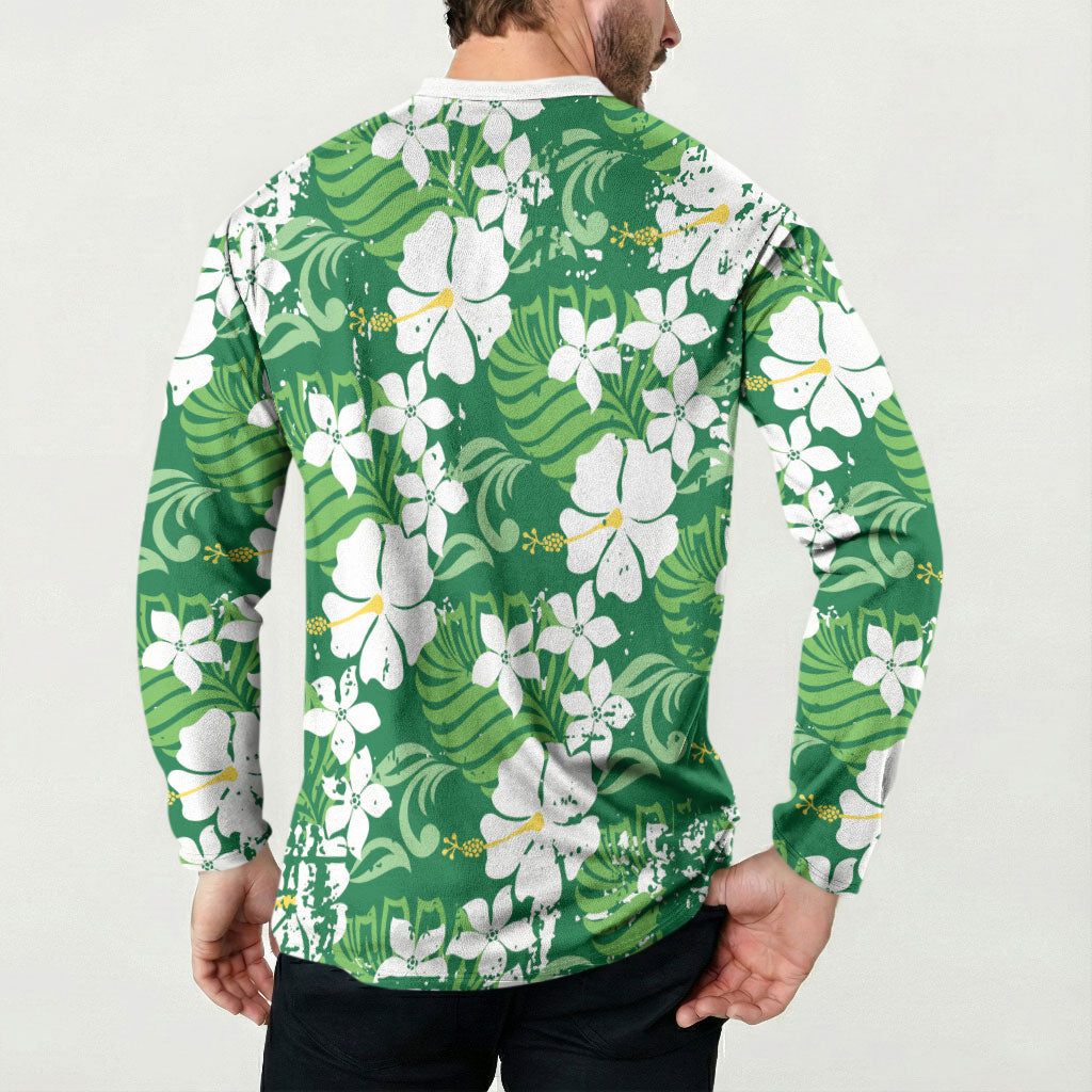 Green Hawaiian Hibiscus Monstera Button Sweatshirt Grunge Stylized
