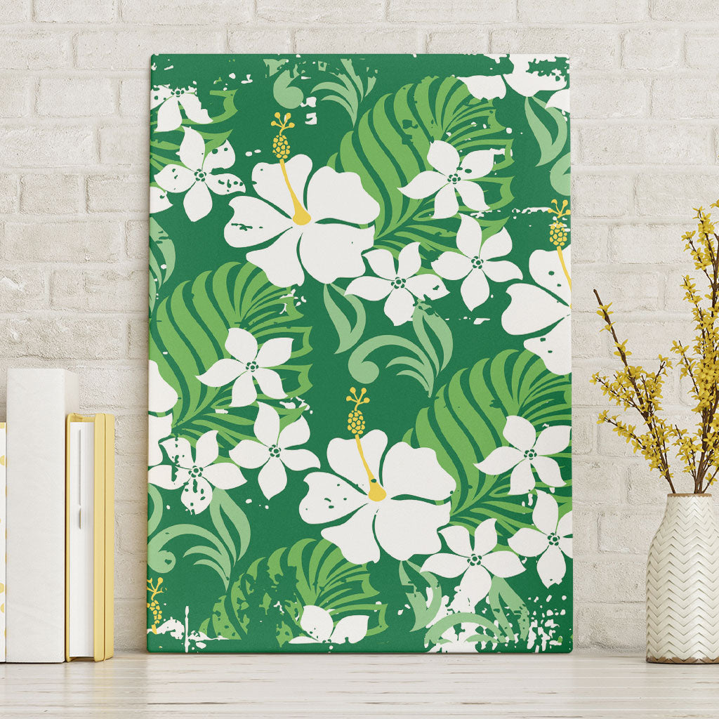 Green Hawaiian Hibiscus Monstera Canvas Wall Art Grunge Stylized