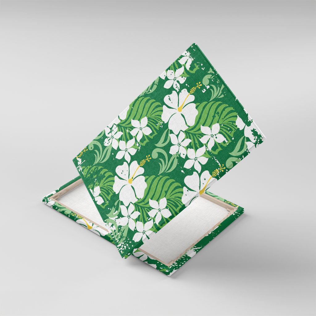 Green Hawaiian Hibiscus Monstera Canvas Wall Art Grunge Stylized