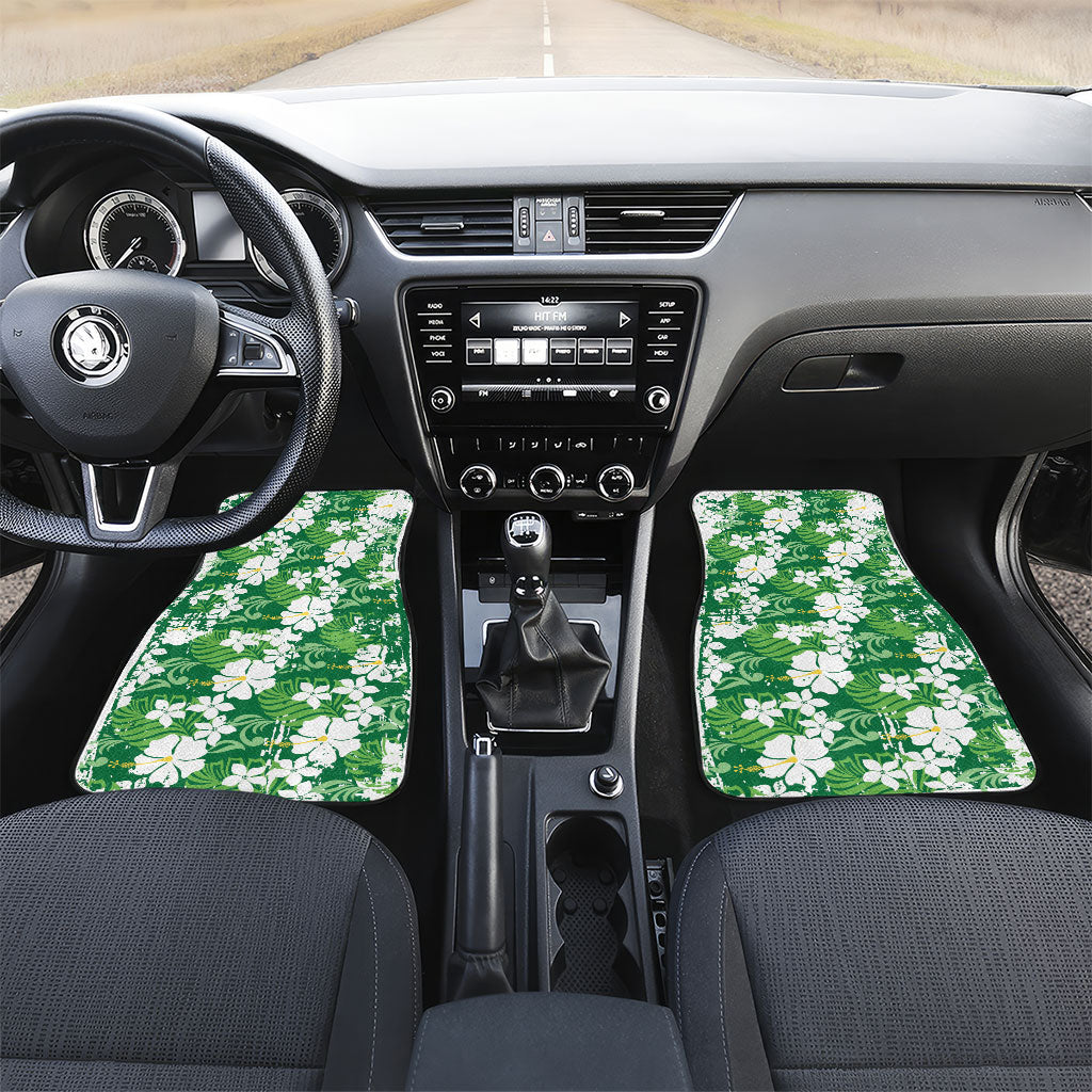 Green Hawaiian Hibiscus Monstera Car Mats Grunge Stylized LT01 Set 2pcs - Front Green - Polynesian Pride