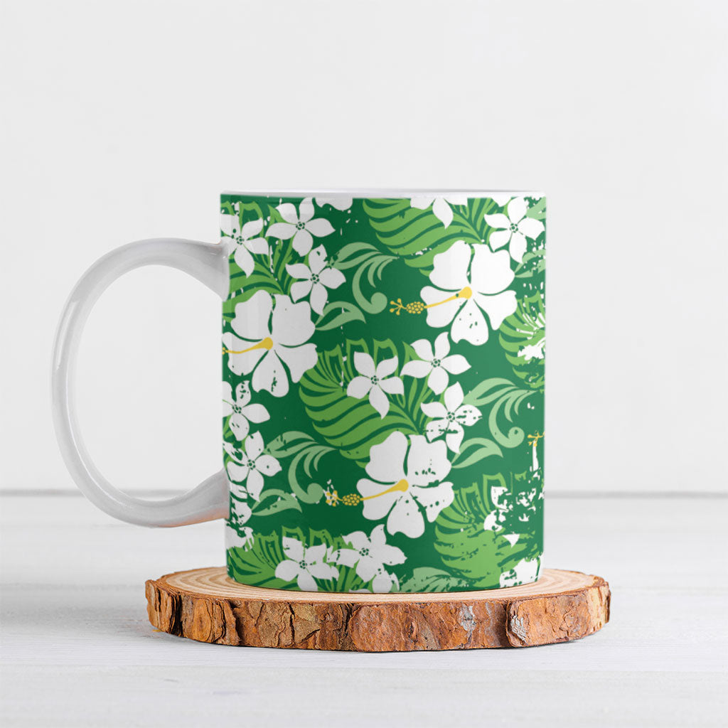 Green Hawaiian Hibiscus Monstera Ceramic Mug Grunge Stylized LT01 Green - Polynesian Pride