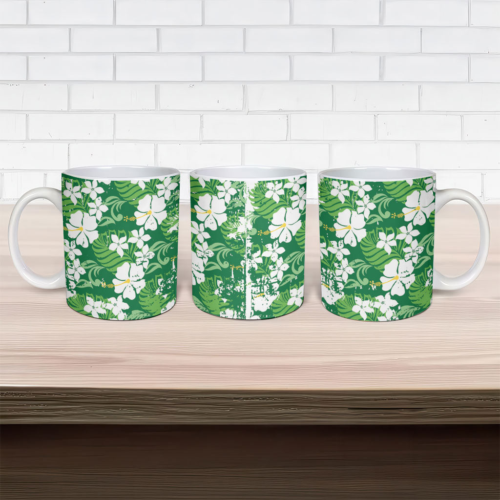 Green Hawaiian Hibiscus Monstera Ceramic Mug Grunge Stylized LT01 - Polynesian Pride