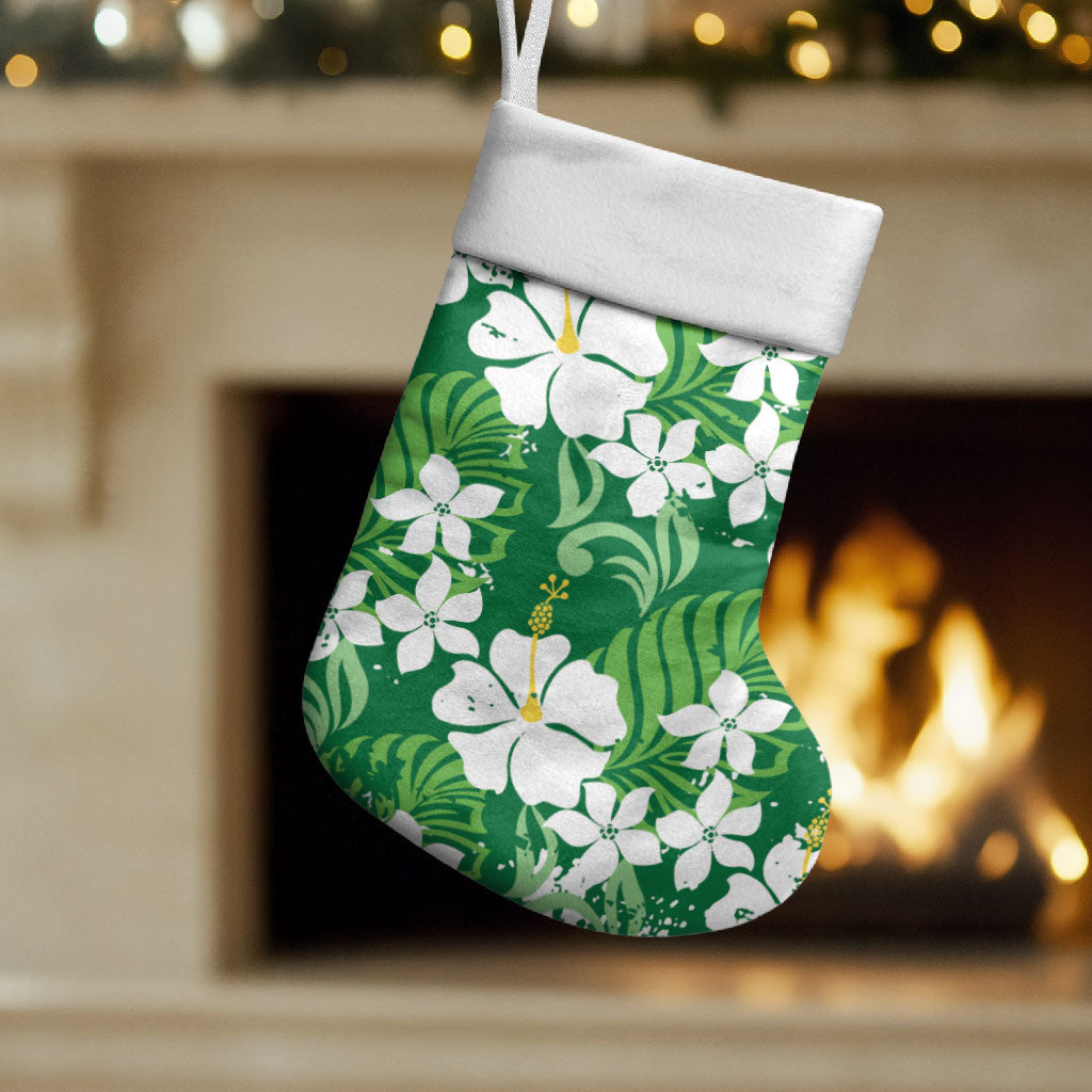 Green Hawaiian Hibiscus Monstera Christmas Stocking Grunge Stylized