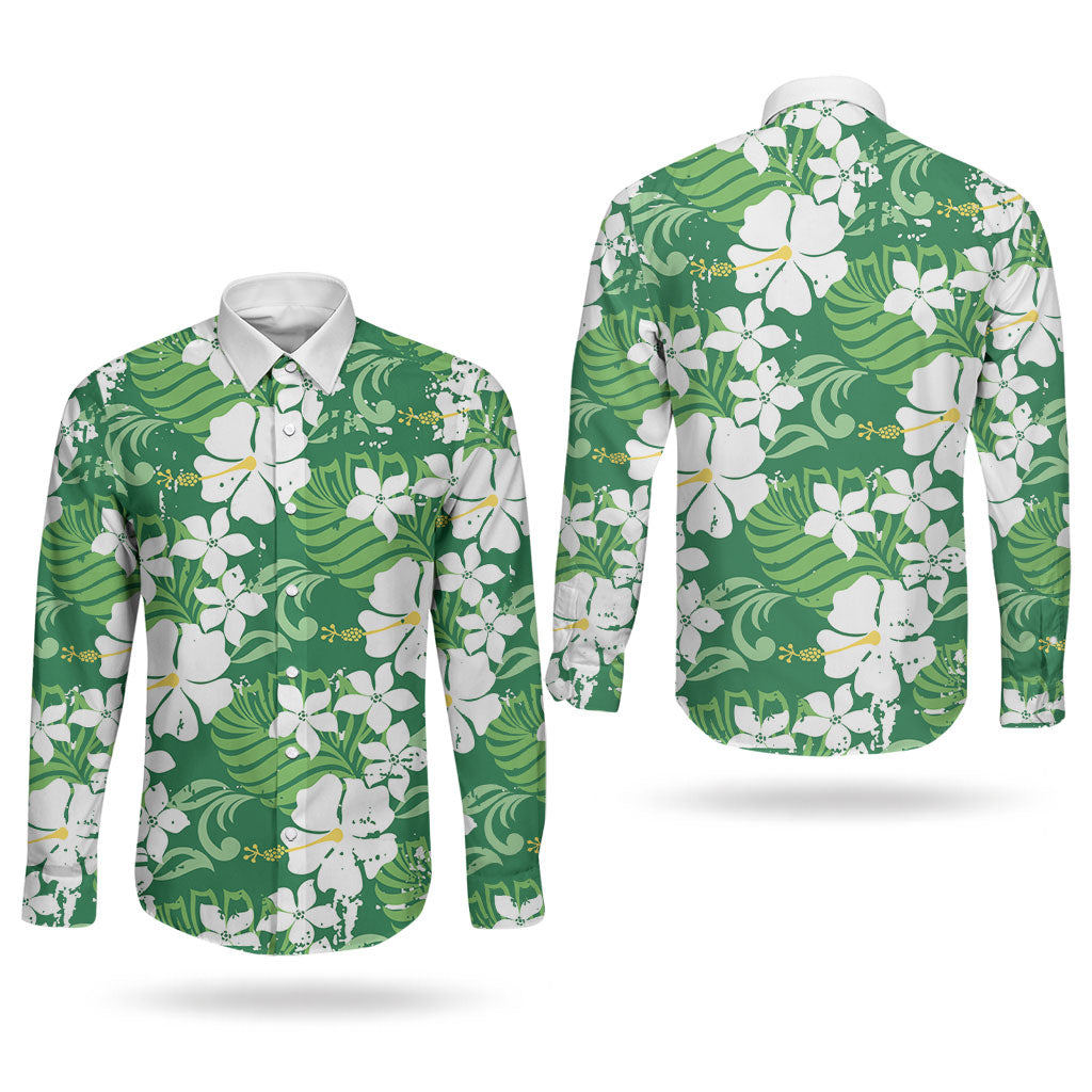 Green Hawaiian Hibiscus Monstera Couples Matching Off Shoulder Maxi Dress and Long Sleeve Button Shirt Grunge Stylized LT01 - Polynesian Pride