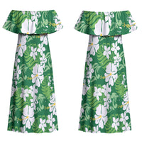 Green Hawaiian Hibiscus Monstera Couples Matching Off Shoulder Maxi Dress and Long Sleeve Button Shirt Grunge Stylized LT01 - Polynesian Pride