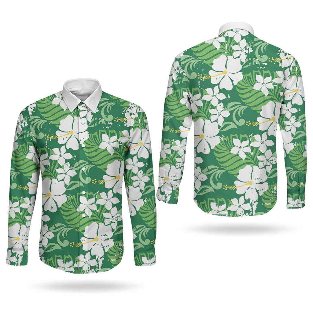 Green Hawaiian Hibiscus Monstera Couples Matching Off Shoulder Short Dress and Long Sleeve Button Shirt Grunge Stylized LT01 - Polynesian Pride