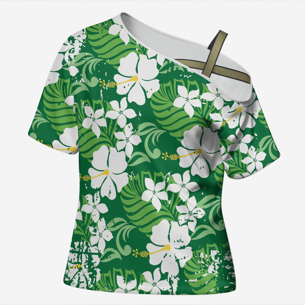 Green Hawaiian Hibiscus Monstera Cross Shoulder Shirt Grunge Stylized