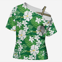 Green Hawaiian Hibiscus Monstera Cross Shoulder Shirt Grunge Stylized